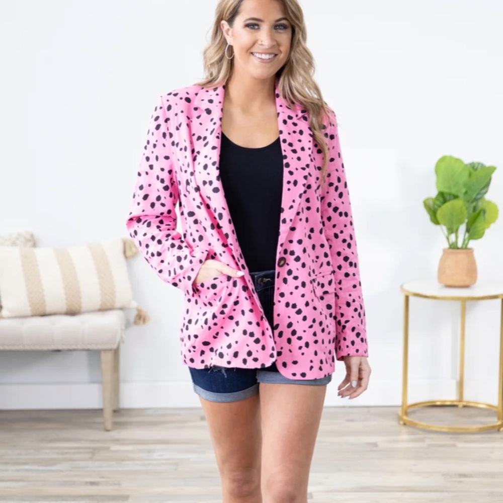 Jodifl Pink & Black Animal Print Linen Blend Single Button Blazer